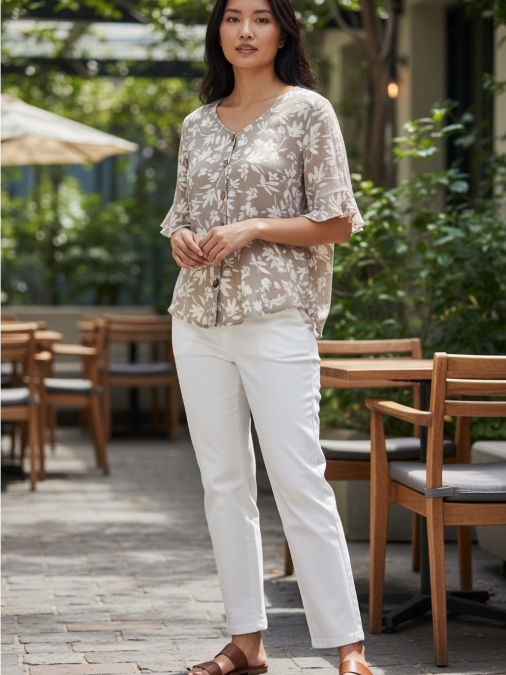 AB Studio Neutral Taupe Floral Button-Front Blouse